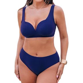 CUPSHE Bikini Sets for Women Large Bust Mid Rise Two Piece Bathing Suit V Neck Back Crisscross Lace Up Strap