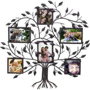 Adeco PF0571 Family Tree Metal Wall Hanging Decorative Collage Picture Photo Frame, 6 Openings, 4x6 4x4, Black with Antique Finish