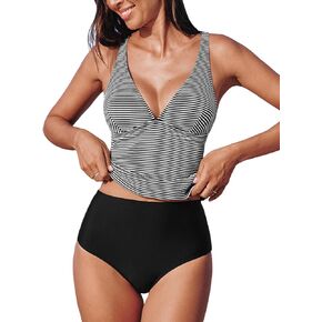 CUPSHE Women's Tankini Sets Plunging Deep V Neck Two Piece Swimsuit Adjustable Straps Stripes Texture