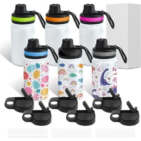 BetterSub 6 Packs 12oz Sublimation Sports Water Bottle, Double Wall Insulated Stainless Steel White Tumbler with Mix Color Wide Mouth Lid and Straw for Sport Outdoor Travel