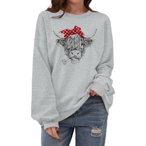 المرأة المرتفعات البقرة البلوز لطيف راعية البقر هدية عيد الميلاد مزرعة البلوز الشريط قمصان طويلة الأكمام in Kuwait