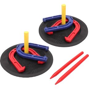 GSE Games & Sports Expert Rubber Horseshoe Game Set for Indoor and Outdoor, 4 Horseshoes (2 Red/2 Blue), 2 Rubber Mats with Posts, and 2 Plastic Stakes
