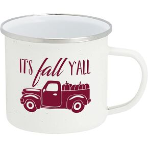 HOME & HOOPLA Fall Truck Enamel Camping Coffee Mug It's Fall Ya'll Tin Cup 15 Ounce (White Speckled with Burgundy Print)
