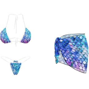 Women Bikini 3 Piece Clear Straps Halter String Triangle Sexy Micro Thongs Swimsuit with Cover Up Swimwear Sets