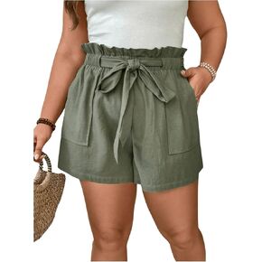 MakeMeChic Women's Plus Size Elastic Waist Wide Leg Short Pants Ruffled Pocket Belted Loose Shorts