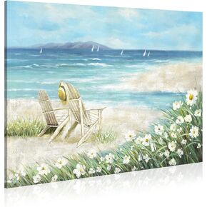 Framed Ocean Beach Wall Art: Wooden Coastal Waves Painting Abstract Nautical Seascape Artwork Heavy Textured Seaside Flower Prints Horizontal Rustic Shoreline Picture for Living Room