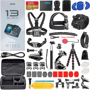 GoPro HERO13 (Hero 13) Black - Waterproof Action Camera with 5.3K, 27MP Photos, Live Streaming, Webcam, Stabilization + 128GB Card, Card Reader, 50 Piece Accessory Kit - Bundle