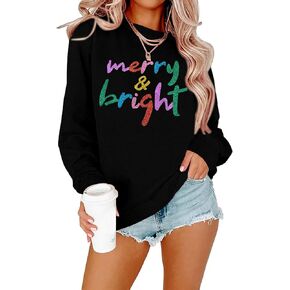 سويت شيرت Merry And Bright للنساء من Merry Christmas سويت شيرت بقلنسوة لحفلات الكريسماس وأكمام طويلة مزين بالترتر