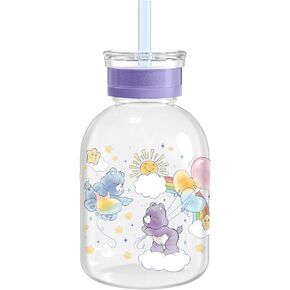 Silver Buffalo Care Bears Glass Milk Bottle with Straw Featuring Share Bear and Goodnight Bear, 15 Ounces