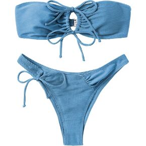SweatyRocks Women's Color Block 2 Piece Strapless Tie Front High Cut Bikini Bandeau Swimsuit Blue Large