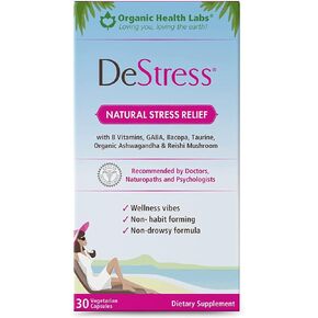 DeStress All-Natural, Non-Drowsy Capsules with B Vitamins, Magnesium, Ashwagandha, and L-Theanine, 30 Veggie Capsules - Organic Health Labs