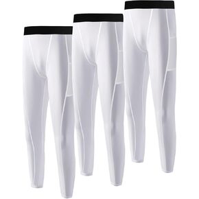 3 Pack Youth Boys Compression Leggings Athletic Pants Basketball Base Layer Football Workout Tights with Side Pockets