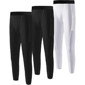 3 Pack Youth Boys Compression Leggings Athletic Pants Basketball Base Layer Football Workout Tights with Side Pockets