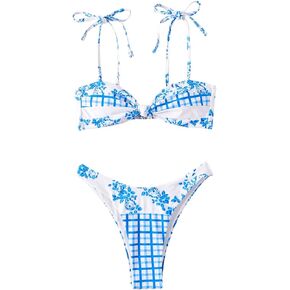 SOLY HUX Women's Bikini Sets Floral Print Bathing Suit Knot Tie Shoulder Spaghetti Strap Two Piece Swimsuit