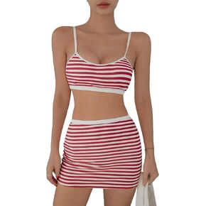 SHENHE Women's 3 Piece Swimsuit Striped Ribbed Knit Wireless Bra Bikini Set with Beach Skirt