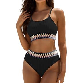 Women's High Waisted Bikini Set Two Piece Crop Top Swimsuit Ribbed Cheeky Bathing Suits