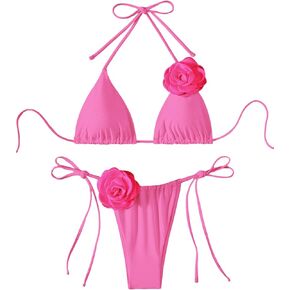 Women's 2 Piece Solid 3D Flower Halter Bikini Set Side Tie High Cut Triangle Swimsuit Bathing Suit Beachwear