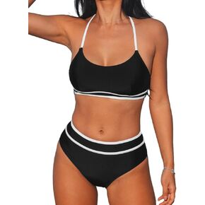 CUPSHE Women's Bikini Sets Two Piece Swimsuit High Waisted Scoop Neck Color Block Strappy Spaghetti Adjustable Straps