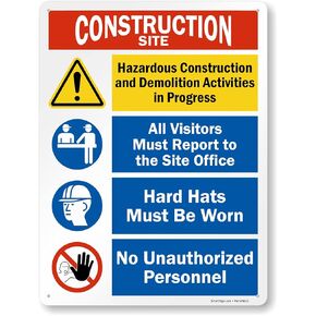 SmartSign 24 x 18 inch “Construction Site - Hazardous Demolition Activities in Progress, Visitors Report to Office, Hard Hats Be Worn" Metal Sign, 80 mil Laminated Rustproof Aluminum, Multicolor