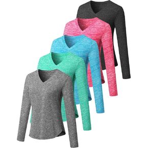 3-5 Pack Womens T Shirts V Neck Long Sleeve Workout Casual Tops Quick Dry Athletic Running UV Sun Protection Hiking