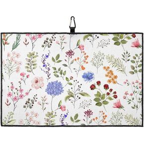 Savannan Golf Towels, Flower Leaf Wildflowers Botanical Floral Spring Summer Plant Durable Microfiber Waffle Materials Absorbent Golf Accessories with Handy Clip for Women, Men, 24x16 Inch