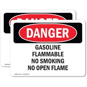 (2 Pack) Gasoline Flammable No Smoking No Open Flame OSHA Danger Sign 7 Inch X 5 Inch Vinyl Label Decal Sticker Weather Resistant, UV Protected for Workplace, Business, and Construction Site, Made in the USA
