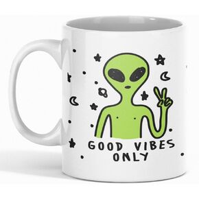 LookHUMAN Good Vibes Only Alien Coffee Mug - Funny Coffee Mugs Adult Humor, Double Sided Print Ceramic Coffee Cups, Dishwasher Safe Novelty Coffee Mugs for Women & Men, Unique Coffee Mugs, 11 oz