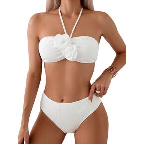 SHENHE Women's 2 Piece Halter Swimsuit 3D Flower Appliques Bandeau Tummy Control Bikini Set
