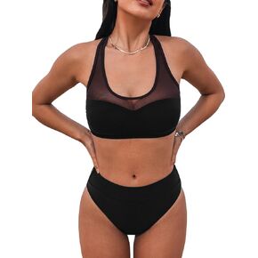 CUPSHE Women's Bikini Sets Two Piece Swimsuit High Waisted Scoop Neck Racerback Mesh Wide Straps