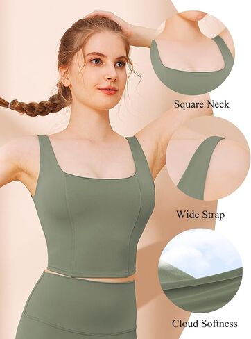 Chilylori Square Neck Sports Bra Padded Sports Bras for Women Medium Support Workout Tops for Women Long Line Sports Bra Tank in Saudi Arabia