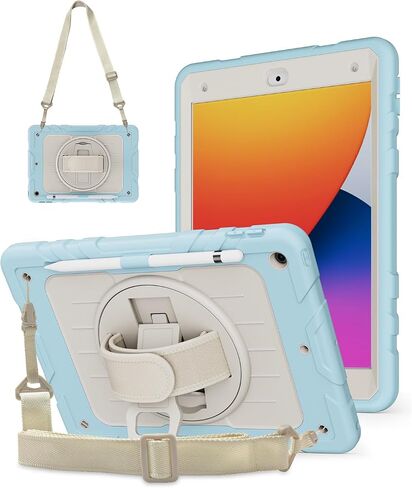 حافظة لجهاز iPad الجيل التاسع 2021/ iPad الجيل الثامن 2020/ iPad الجيل السابع 2019 (حافظة iPad 10.2)، مع حزام يد، حزام كتف، حامل دوار 360 درجة - أرجواني + بيج in Saudi Arabia