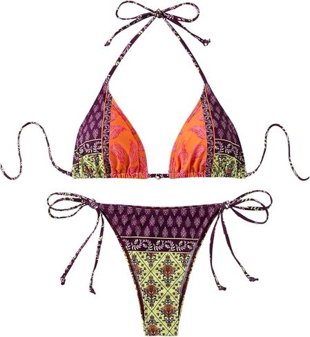 MakeMeChic Women's Printed 2 Piece Swimsuit Halter Triangle Bikini Set Tie Side Thong Bathing Suit in Kuwait