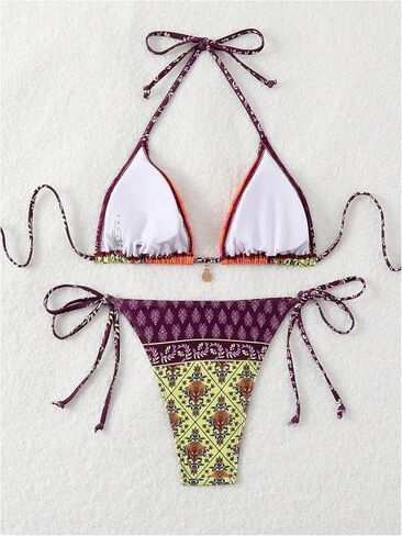 MakeMeChic Women's Printed 2 Piece Swimsuit Halter Triangle Bikini Set Tie Side Thong Bathing Suit in Kuwait