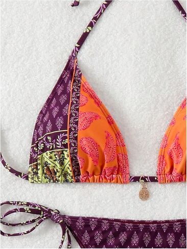 MakeMeChic Women's Printed 2 Piece Swimsuit Halter Triangle Bikini Set Tie Side Thong Bathing Suit in Kuwait