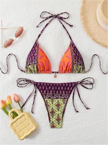 MakeMeChic Women's Printed 2 Piece Swimsuit Halter Triangle Bikini Set Tie Side Thong Bathing Suit in Kuwait