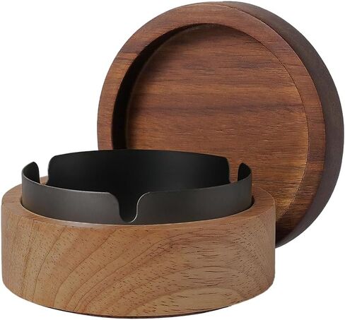 Wooden Ashtray with Lid for Smokers, Stainless Steel Liner Ash Tray Windproof Ashtrays Odorless Smoking Holder for Smokers Outside Patio Home Office Desktop Tabletop Car Indoor Parties(Black) in Kuwait