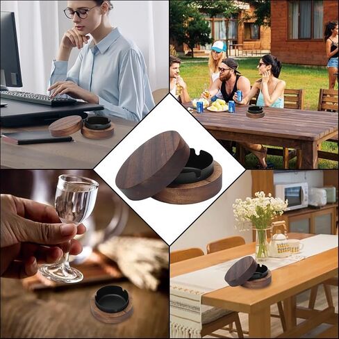 Wooden Ashtray with Lid for Smokers, Stainless Steel Liner Ash Tray Windproof Ashtrays Odorless Smoking Holder for Smokers Outside Patio Home Office Desktop Tabletop Car Indoor Parties(Black) in Kuwait