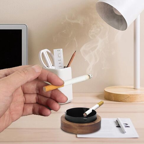 Wooden Ashtray with Lid for Smokers, Stainless Steel Liner Ash Tray Windproof Ashtrays Odorless Smoking Holder for Smokers Outside Patio Home Office Desktop Tabletop Car Indoor Parties(Black) in Kuwait
