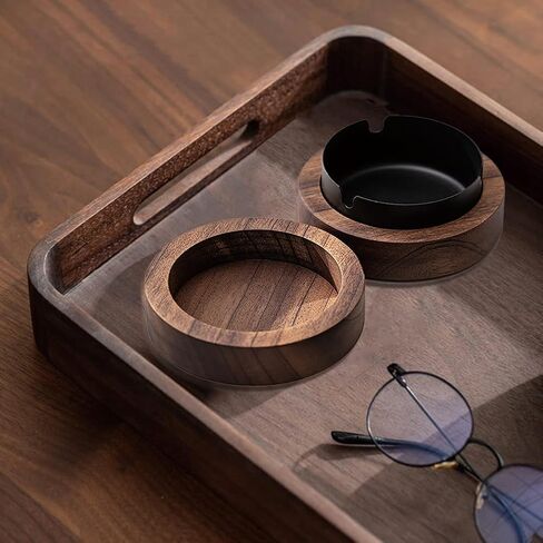 Wooden Ashtray with Lid for Smokers, Stainless Steel Liner Ash Tray Windproof Ashtrays Odorless Smoking Holder for Smokers Outside Patio Home Office Desktop Tabletop Car Indoor Parties(Black) in Kuwait