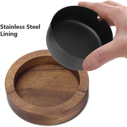 Wooden Ashtray with Lid for Smokers, Stainless Steel Liner Ash Tray Windproof Ashtrays Odorless Smoking Holder for Smokers Outside Patio Home Office Desktop Tabletop Car Indoor Parties(Black) in Kuwait