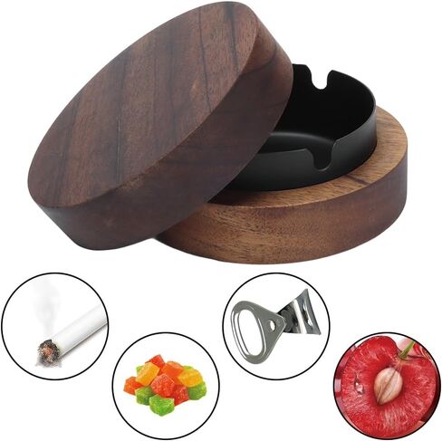 Wooden Ashtray with Lid for Smokers, Stainless Steel Liner Ash Tray Windproof Ashtrays Odorless Smoking Holder for Smokers Outside Patio Home Office Desktop Tabletop Car Indoor Parties(Black) in Kuwait