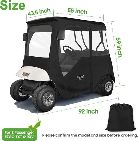 10L0L Golf Cart Deluxe Enclosure for EZGO TXT & RXV 2 Passenger, 4-Sided Clear PVC Window Rain Cover with Zipper Entry, Black in Saudi Arabia