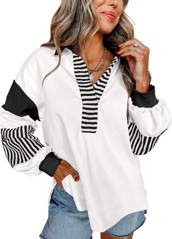 سترة نسائية من miduo فضفاضة مخططة ذات ألوان متعددة وأكمام طويلة مع طية صدر السترة وياقة على شكل حرف V وقمصان علوية in Kuwait