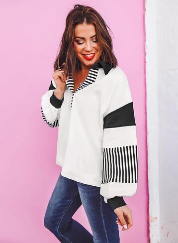 سترة نسائية من miduo فضفاضة مخططة ذات ألوان متعددة وأكمام طويلة مع طية صدر السترة وياقة على شكل حرف V وقمصان علوية in Kuwait