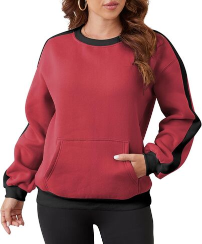 Sureple المرأة بلوزات الصوف كتلة اللون مضلع Crewneck كم طويل البلوز القمم ملابس الخريف الشتاء مع جيوب in Kuwait