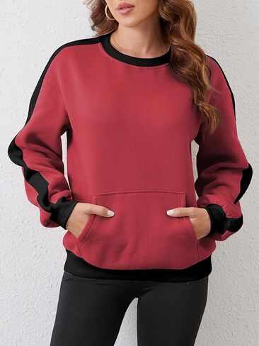 Sureple المرأة بلوزات الصوف كتلة اللون مضلع Crewneck كم طويل البلوز القمم ملابس الخريف الشتاء مع جيوب in Kuwait