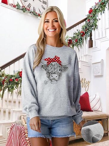 المرأة المرتفعات البقرة البلوز لطيف راعية البقر هدية عيد الميلاد مزرعة البلوز الشريط قمصان طويلة الأكمام in Kuwait