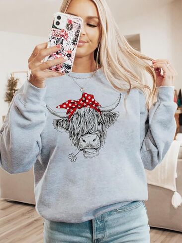 المرأة المرتفعات البقرة البلوز لطيف راعية البقر هدية عيد الميلاد مزرعة البلوز الشريط قمصان طويلة الأكمام in Kuwait