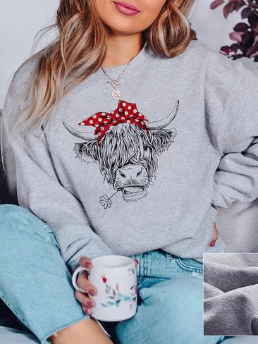 المرأة المرتفعات البقرة البلوز لطيف راعية البقر هدية عيد الميلاد مزرعة البلوز الشريط قمصان طويلة الأكمام in Kuwait