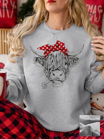 المرأة المرتفعات البقرة البلوز لطيف راعية البقر هدية عيد الميلاد مزرعة البلوز الشريط قمصان طويلة الأكمام in Kuwait